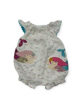 Mud Pie White Cotton Gauze Bubble Romper Pink & Teal Sequins Mermaid Appliqués
